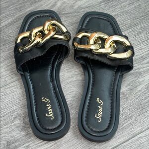 Black and Gold Women's Slide Sandals